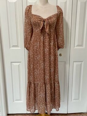 Lush Brown Floral Tie-Front Maxi Dress